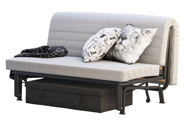 Скандальная раскладная диван-кровать с подушками и иголочкой. 3D рендеринг — стоковое фото