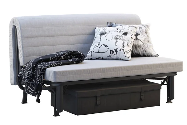 Скандальная раскладная диван-кровать с подушками и иголочкой. 3D рендеринг — стоковое фото