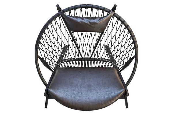 Cadeira de madeira redonda preta com assento de couro. Renderização 3d — Fotografia de Stock
