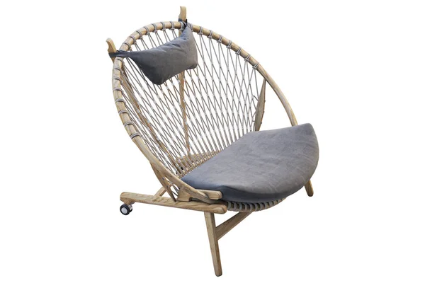 Beiger runder Holzstuhl mit Sitz aus Stoff. 3D-Darstellung — Stockfoto