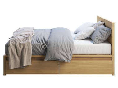 Depolama ile ahşap çift kişilik yatak. 3d render