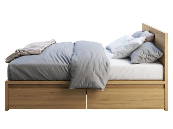 Dřevěná dvojitá postel s úložištěm. prostorové vykreslení — Stock fotografie