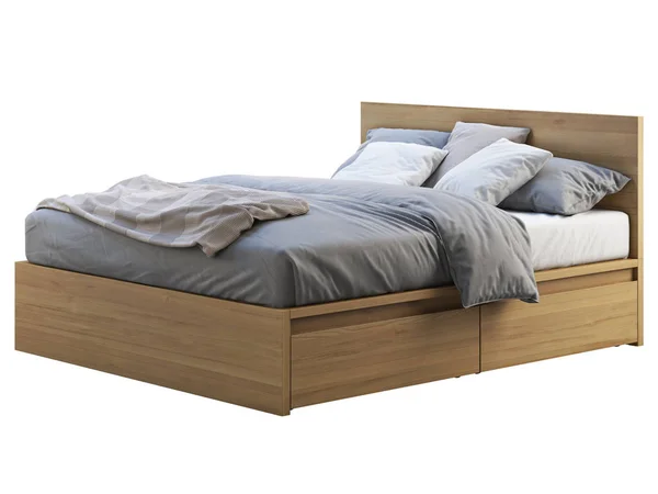 Wooden double bed with storage. 3d render