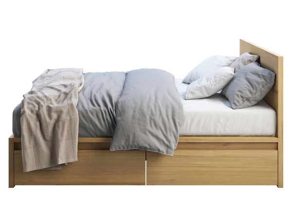 Drewniane podwójne łóżko z schowkami. Renderowanie 3D — Zdjęcie stockowe