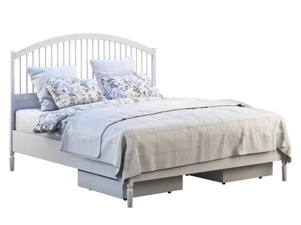 Skandinavia tempat tidur ganda dengan linen pola dan kotak penyimpanan. render 3d — Stok Foto