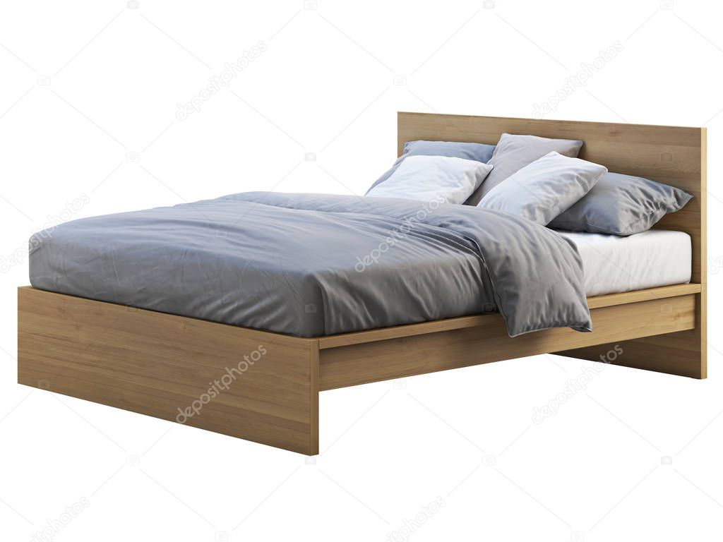 Wooden double bed with storage. 3d render