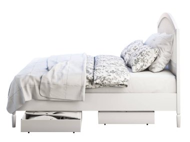 Desen keten ve saklama kutuları ile İskandinav çift kişilik yatak. 3d render