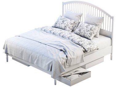 Desen keten ve saklama kutuları ile İskandinav çift kişilik yatak. 3d render