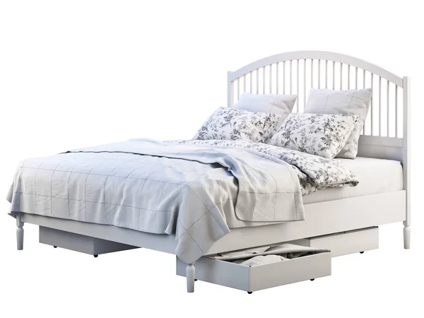 Cama doble escandinava con patrón de ropa de cama y cajas de almacenamiento. 3d renderizar —  Fotos de Stock