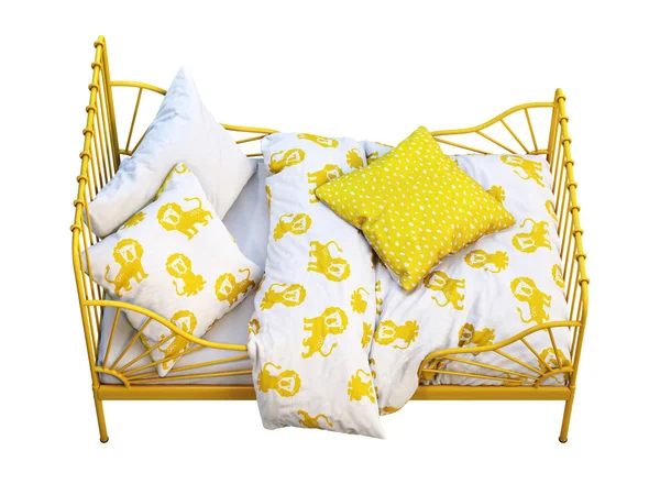 Yellow metal frame single children\'s bed with colorful linen. 3d render