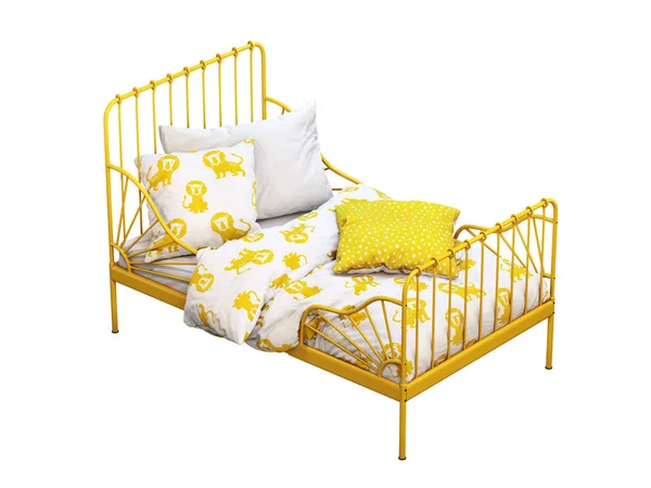 Yellow metal frame single children's bed with colorful linen. 3d render