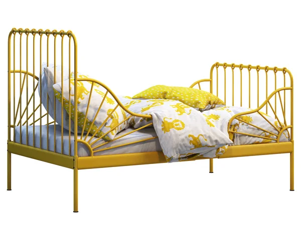 Yellow metal frame single children\'s bed with colorful linen. 3d render