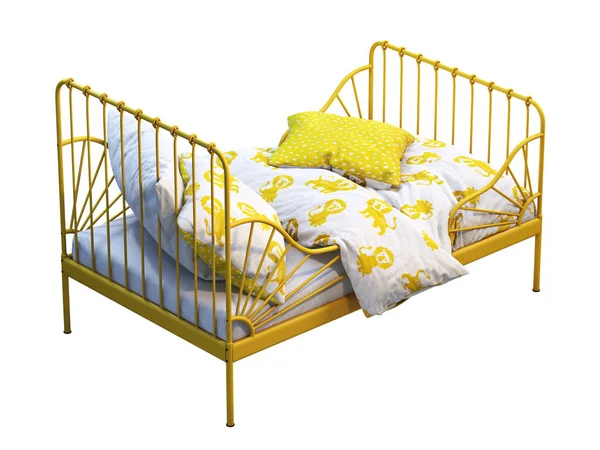 Yellow metal frame single children's bed with colorful linen. 3d render