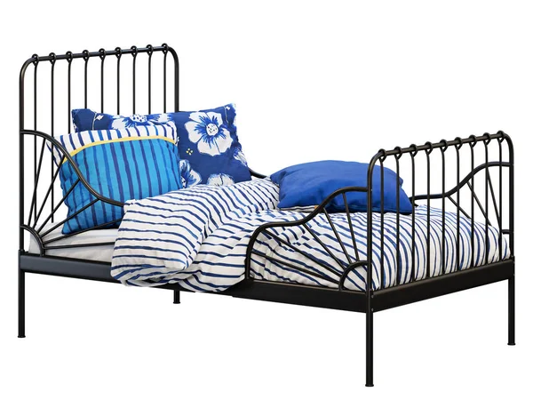 Czarna metalowa rama pojedyncze łóżko dla dzieci z kolorową pościelą. Renderowanie 3D — Zdjęcie stockowe