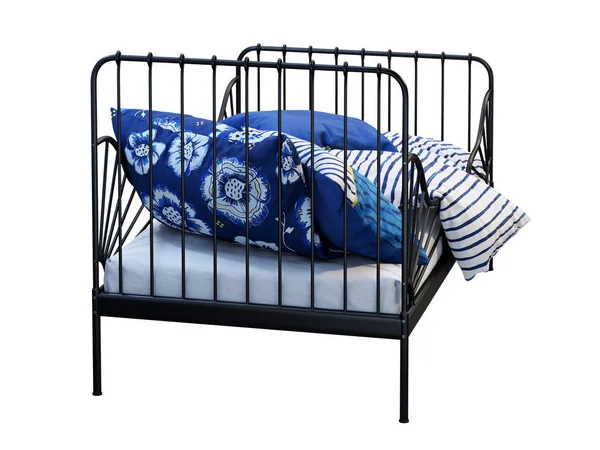Marco de metal negro cama individual para niños con ropa de cama de colores. 3d renderizar —  Fotos de Stock