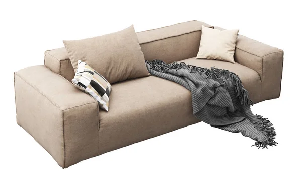Μοντέρνος καναπές από μπεζ ύφασμα με μαξιλάρια και καρό. απόδοση 3D — Φωτογραφία Αρχείου