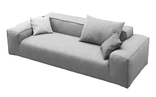 Nowoczesna szara sofa z tkaniny z poduszkami. Renderowanie 3D — Zdjęcie stockowe