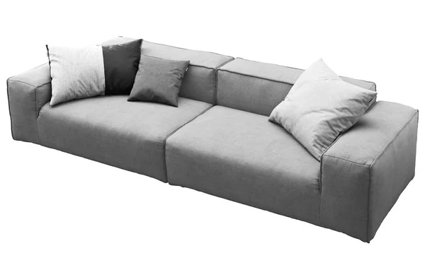 Modernes graues Sofa aus Stoff mit Kissen. 3D-Darstellung — Stockfoto