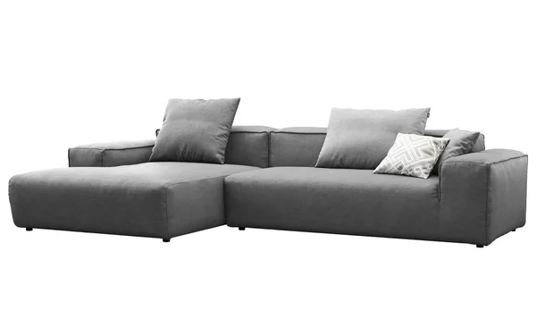 Nowoczesna szara sofa z tkaniny z poduszkami. Renderowanie 3D — Zdjęcie stockowe