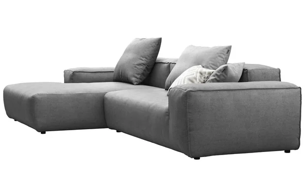 Μοντέρνος καναπές με γκρι ύφασμα και μαξιλάρια. απόδοση 3D — Φωτογραφία Αρχείου