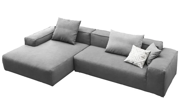 Divano moderno in tessuto grigio con cuscini. rendering 3d — Foto Stock