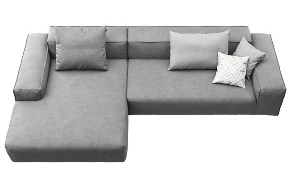 Современный серый тканевый диван с подушками. 3D рендеринг
