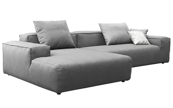 Μοντέρνος καναπές με γκρι ύφασμα και μαξιλάρια. απόδοση 3D — Φωτογραφία Αρχείου