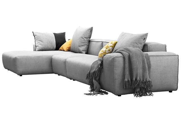 Modernes graues Sofa aus Stoff mit Kissen und Karo. 3D-Darstellung — Stockfoto