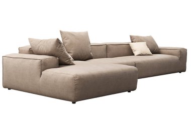 Yastıklı modern bej kumaş kanepe. 3d render