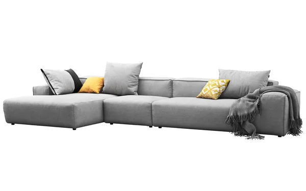 Sofá moderno de tela gris con almohadas y cuadros. 3d renderizar —  Fotos de Stock