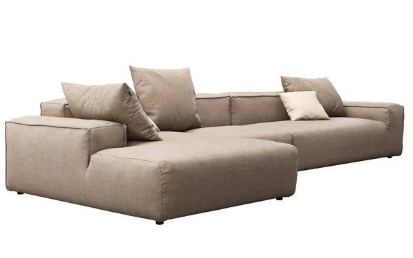 Μοντέρνος καναπές από μπεζ ύφασμα με μαξιλάρια. απόδοση 3D — Φωτογραφία Αρχείου
