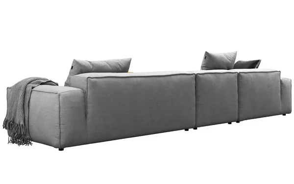 Modernes graues Sofa aus Stoff mit Kissen und Karo. 3D-Darstellung — Stockfoto