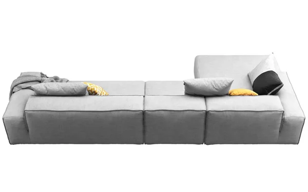 Nowoczesna szara sofa z tkaniny z poduszkami i kratą. Renderowanie 3D — Zdjęcie stockowe