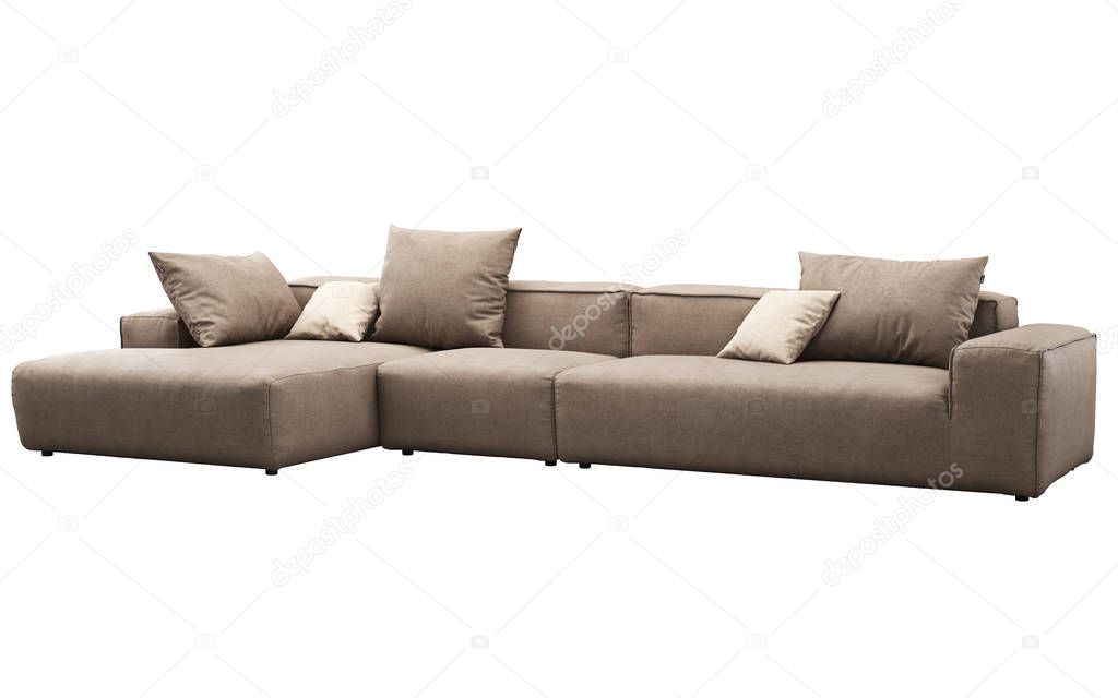 Modern beige fabric sofa with pillows. 3d render