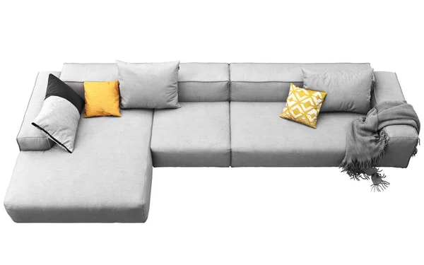 Modern gray fabric sofa with pillows and plaid. 3d render