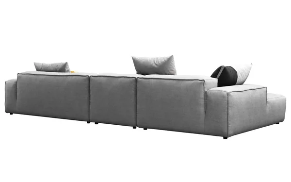 Nowoczesna szara sofa z tkaniny z poduszkami i kratą. Renderowanie 3D — Zdjęcie stockowe