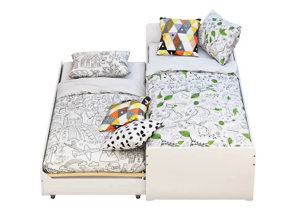 Bílá dvojitá Dětská postel s úložištěm. prostorové vykreslení — Stock fotografie