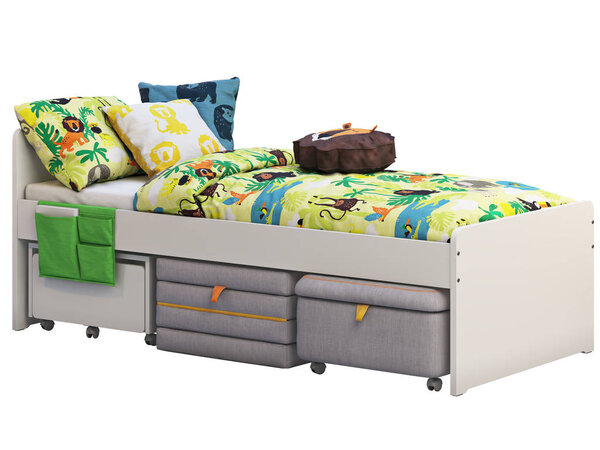 White single children's bed with storage and padded stool. 3d render