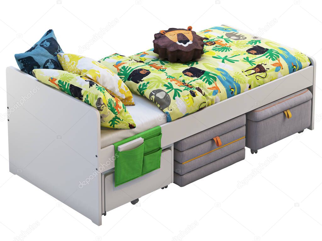 White single children's bed with storage and padded stool. 3d render
