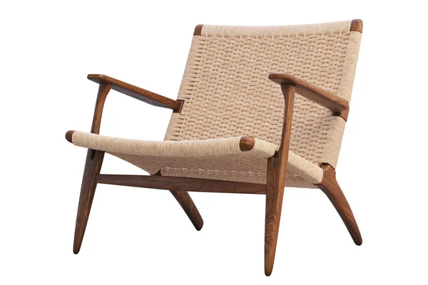 Chaise en bois marron avec assise en osier. 3d rendu — Photo