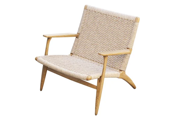 Cadeira de madeira marrom claro com assento de vime. Renderização 3d — Fotografia de Stock