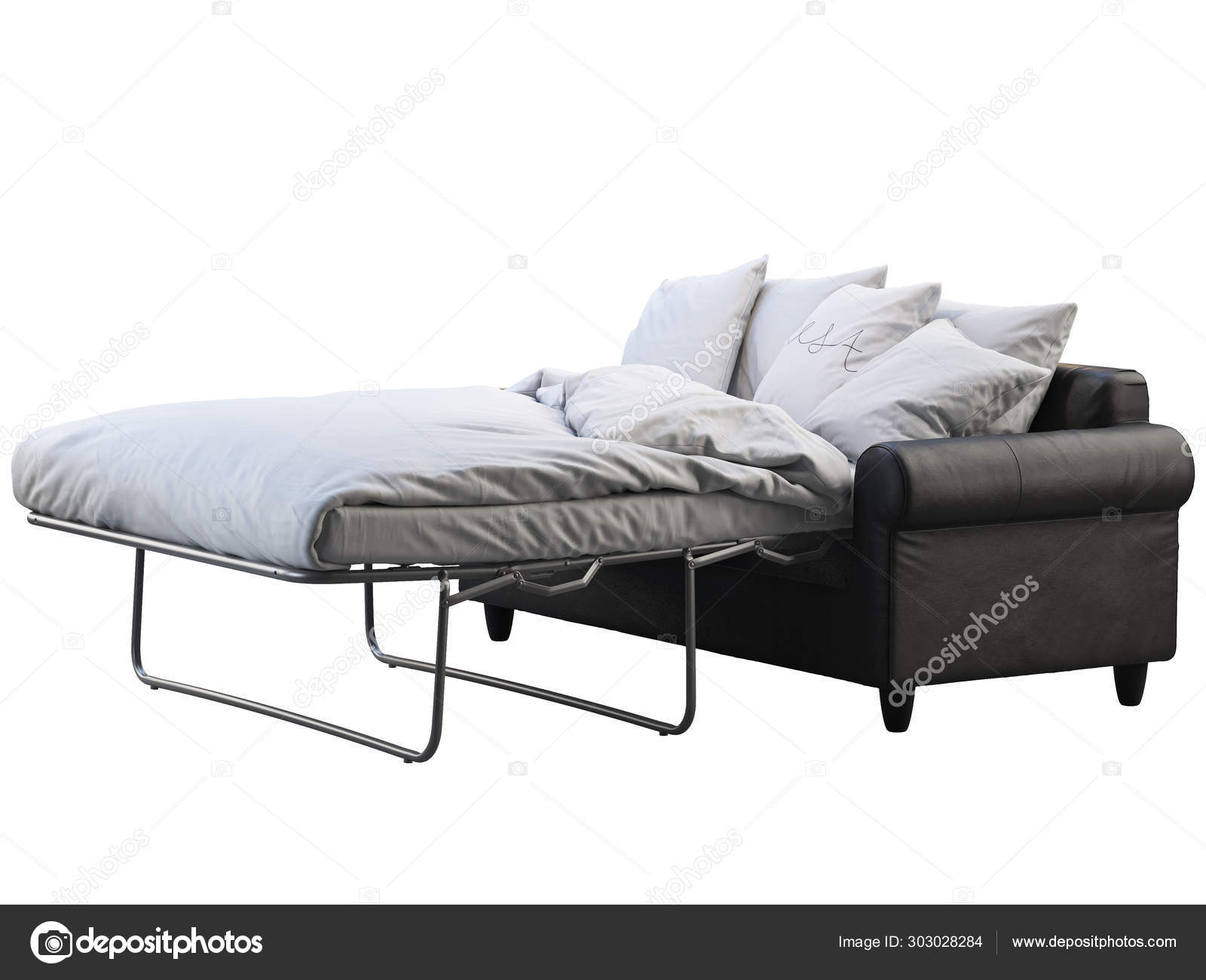 Modern black leather sofabed with bed linen and plaid. 3d render Stock Photo by ©3dmitruk 303028284