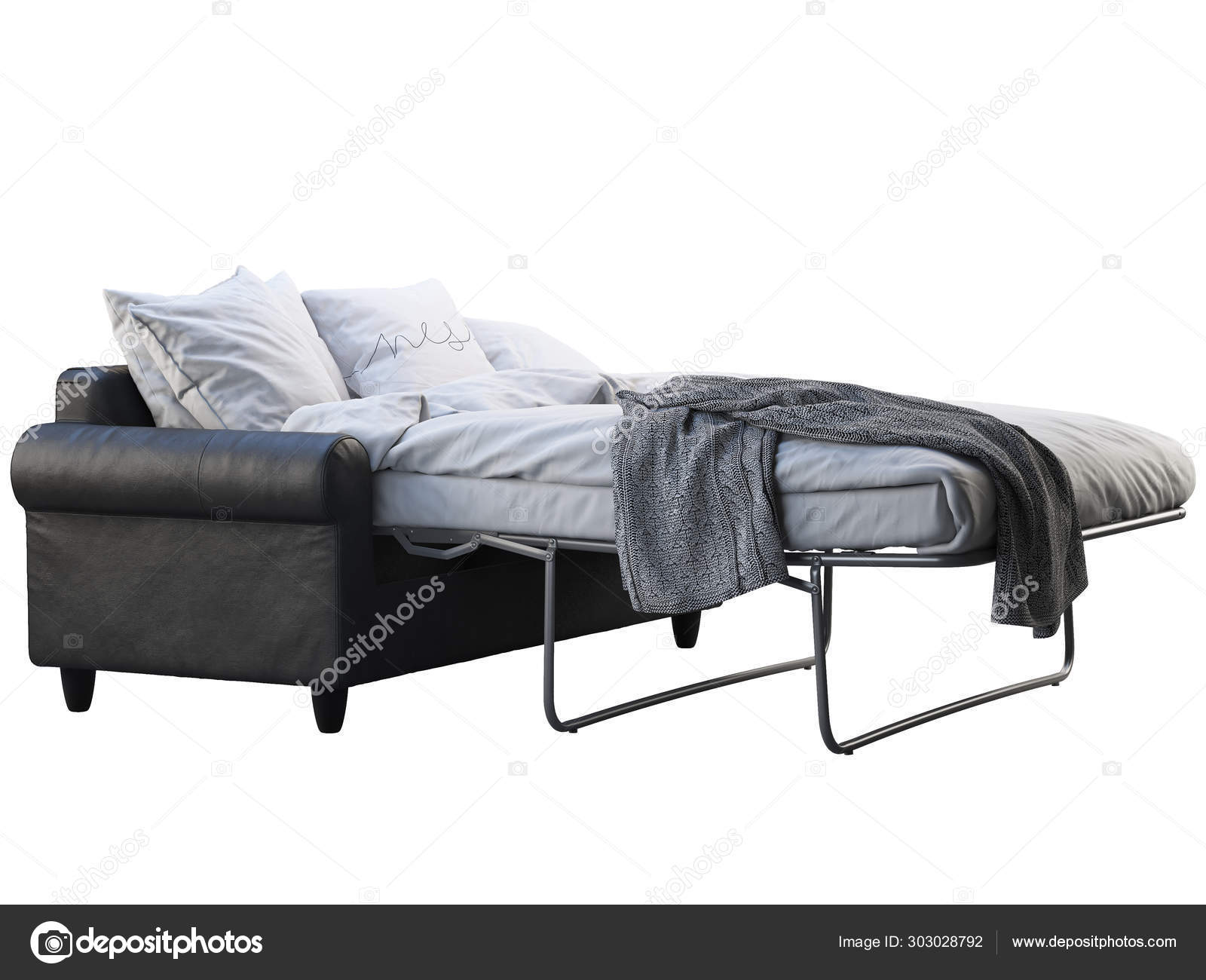 Modern black leather sofabed with bed linen and plaid. 3d render Stock Photo by ©3dmitruk 303028792