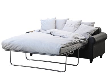 Yatak çarşafları ve ekose ile modern siyah deri kanepe yatak. 3d render