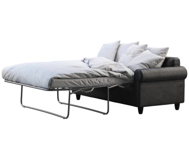 Yatak çarşafları ve ekose ile modern siyah deri kanepe yatak. 3d render