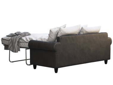 Yatak çarşafları ve ekose ile modern siyah deri kanepe yatak. 3d render