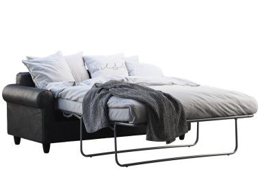 Yatak çarşafları ve ekose ile modern siyah deri kanepe yatak. 3d render