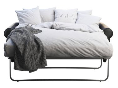 Yatak çarşafları ve ekose ile modern siyah deri kanepe yatak. 3d render