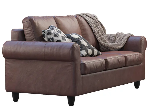 Modern brown leather sofa with pillows and plaid. 3d render