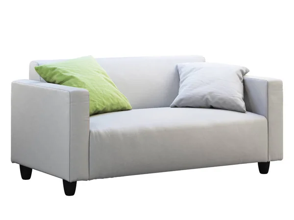 Nowoczesna, biała skórzana sofa z poduszkami. Renderowanie 3D — Zdjęcie stockowe